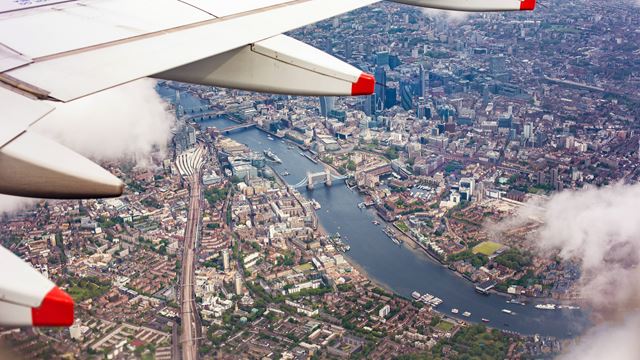 An airplane view of London.