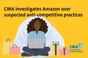 изображение женщины, использующей компьютер, текст гласит: CMA расследует Amazon в связи с подозрениями в антиконкурентной практике.