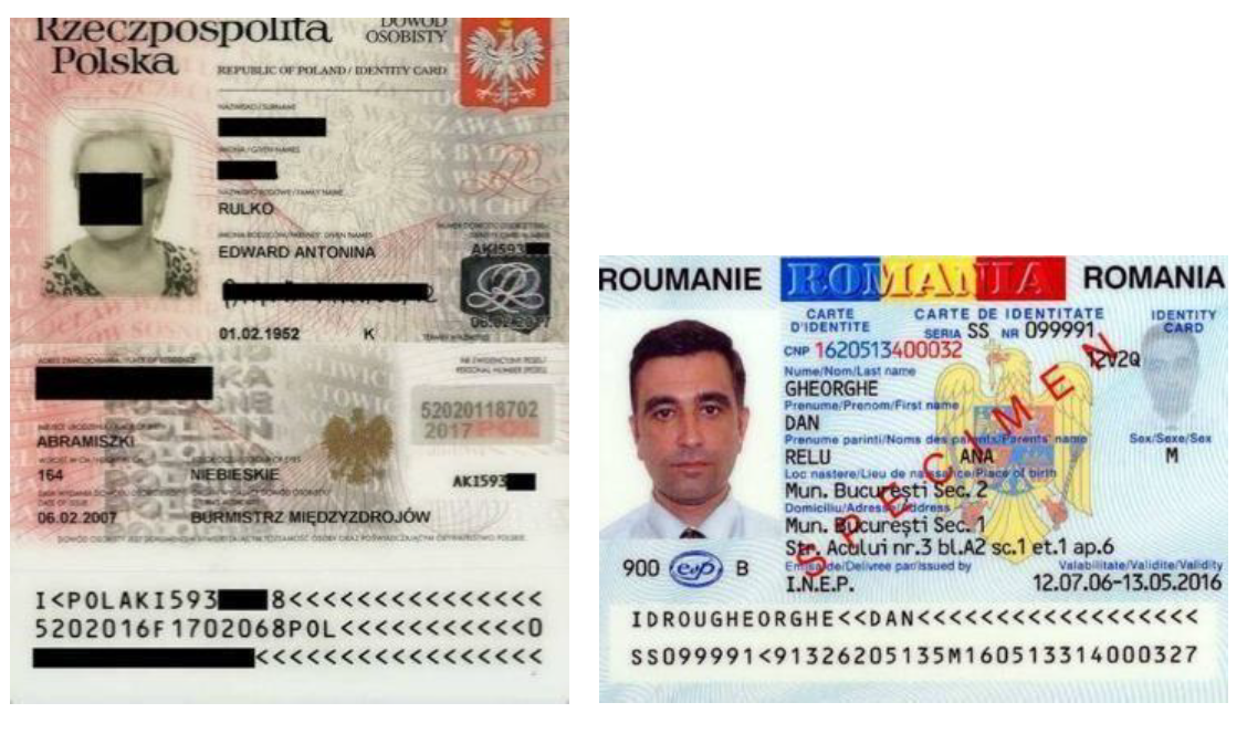 Пример дизайна удостоверений личности ЕС, в данном случае польского и румынского удостоверений личности.